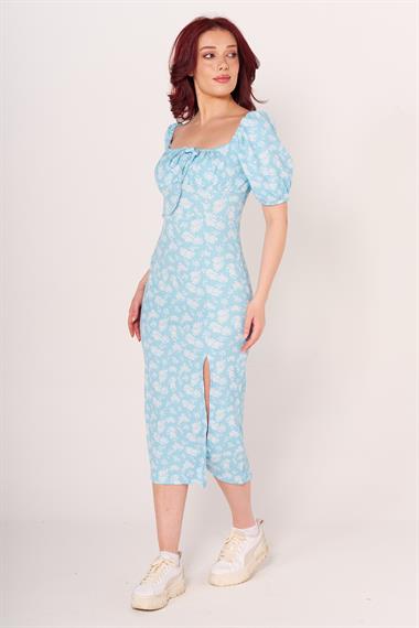 Zra Bayan Omuzları Lastikli K.Kol Elbise 24y Cu MAVİ/DESENLİ