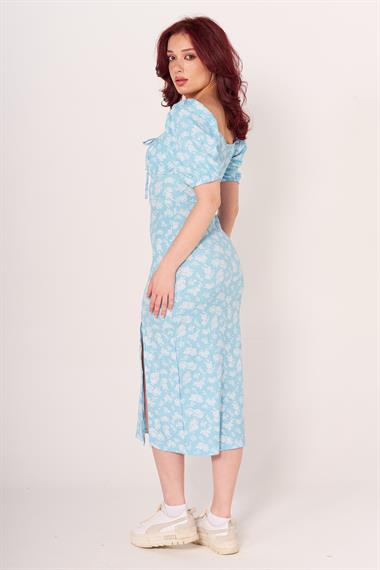 Zra Bayan Omuzları Lastikli K.Kol Elbise 24y Cu MAVİ/DESENLİ