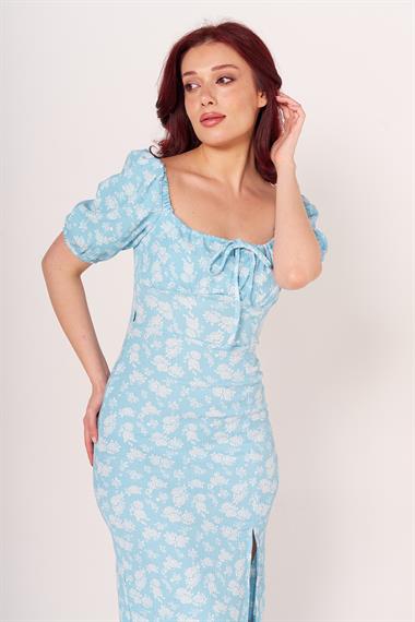 Zra Bayan Omuzları Lastikli K.Kol Elbise 24y Cu MAVİ/DESENLİ