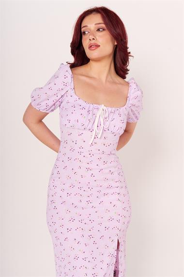 Zra Bayan Omuzları Lastikli K.Kol Elbise 24y Cu LİLA/DESENLİ