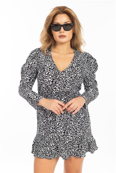 Zra Kadın V Yaka Desenli U.Kol Elbise 25y Ae Siyah Beyaz Desenli