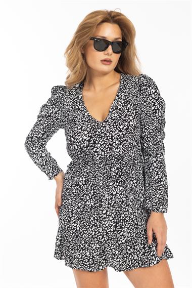 Zra Kadın V Yaka Desenli U.Kol Elbise 25y Ae Siyah Beyaz Desenli