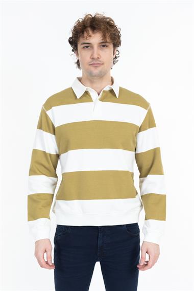 Zra Unisex Polo Yaka U.Kol Sweat 24k Ae Beyaz Sarı Çizgili