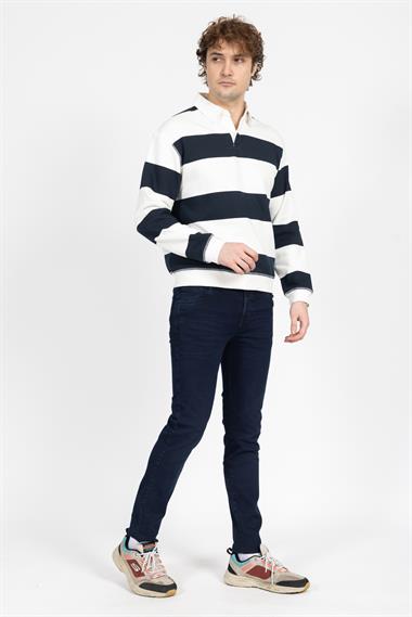 Zra Unisex Polo Yaka U.Kol Sweat 24k Ae Beyaz Lacivert Çizgili