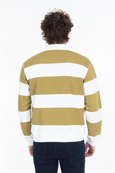 Zra Unisex Polo Yaka U.Kol Sweat 24k Ae Beyaz Sarı Çizgili