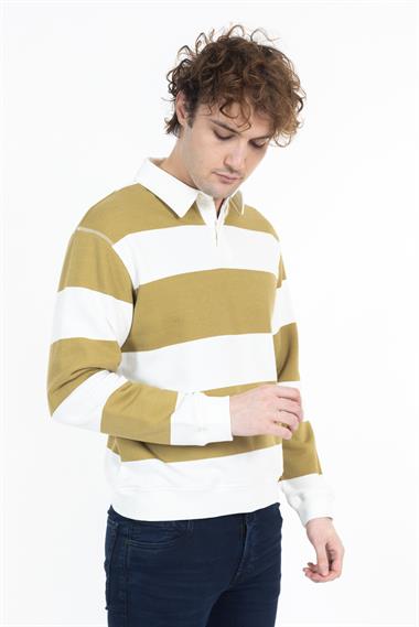 Zra Unisex Polo Yaka U.Kol Sweat 24k Ae Beyaz Sarı Çizgili