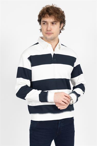 Zra Unisex Polo Yaka U.Kol Sweat 24k Ae Beyaz Lacivert Çizgili
