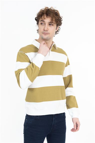 Zra Unisex Polo Yaka U.Kol Sweat 24k Ae Beyaz Sarı Çizgili