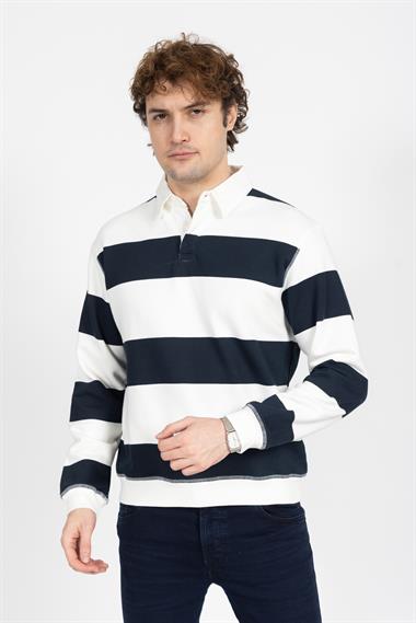 Zra Unisex Polo Yaka U.Kol Sweat 24k Ae Beyaz Lacivert Çizgili