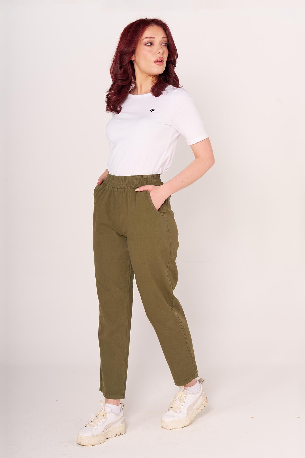 Brs Bayan Gabardin Beli Lastikli Klasık Pantolon 24y Sf YEŞİL