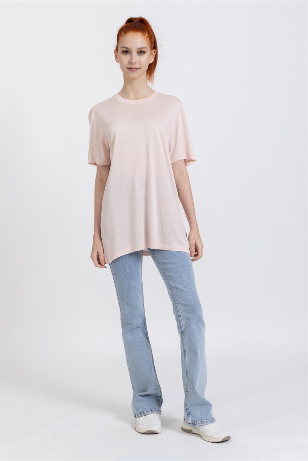 La Bayan O yaka Düz Basıc K.Kol Tshırt Toz Pembe