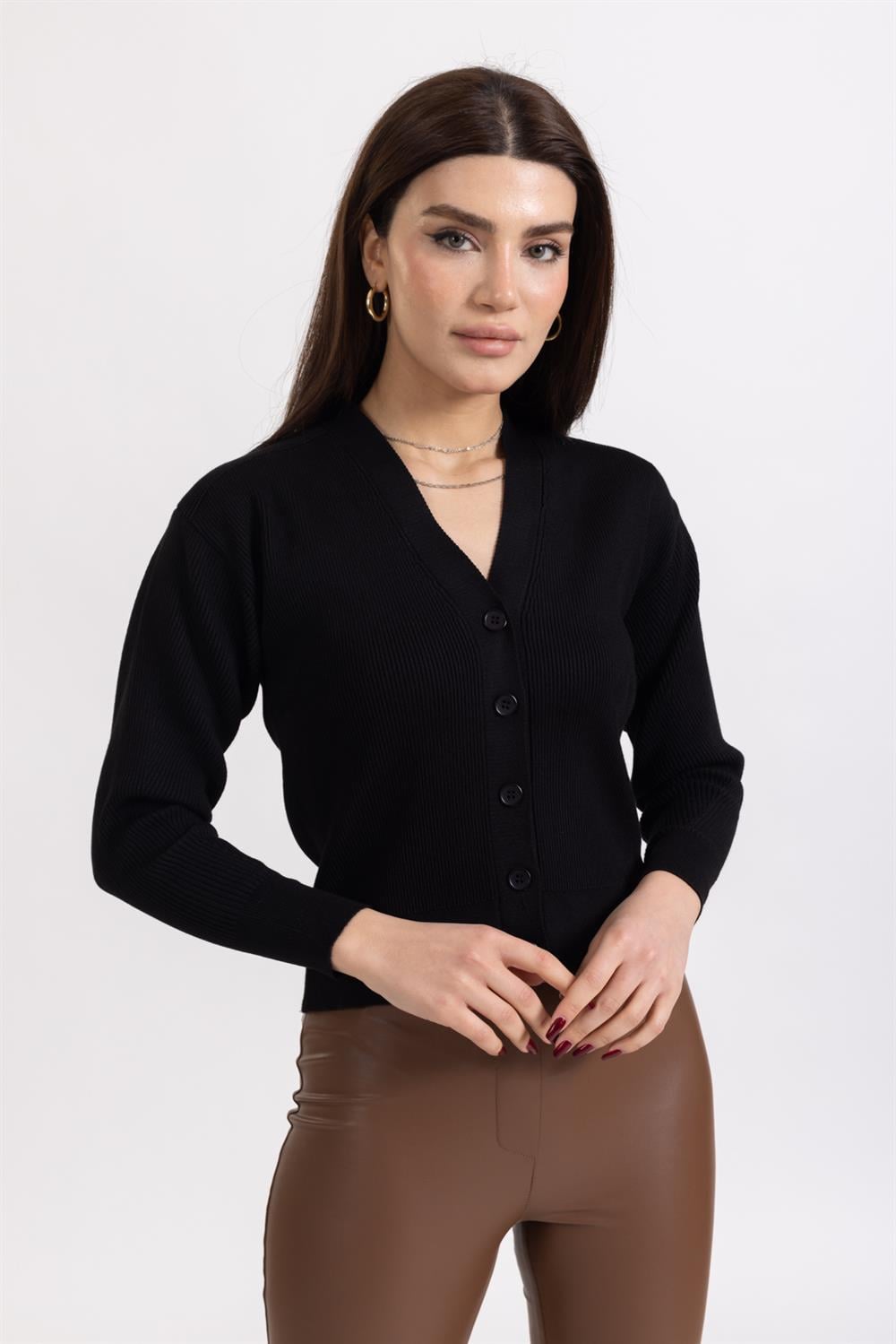 Ms Bayan Tam Dügmeli Hırka SİYAH