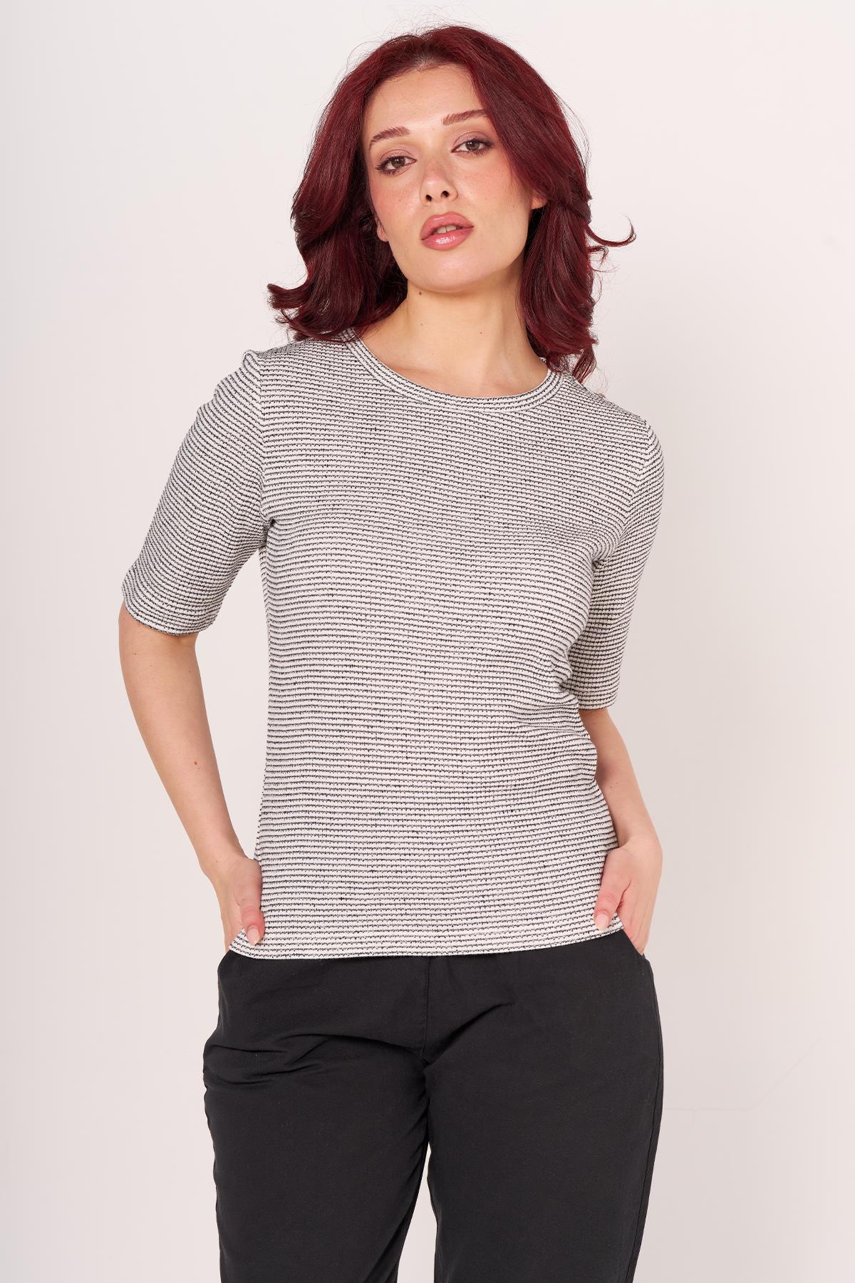 Opus Bayan O Yaka K.Kol Sweat 24k Ptk BEYAZ/SİYAH ÇİZGİLİ