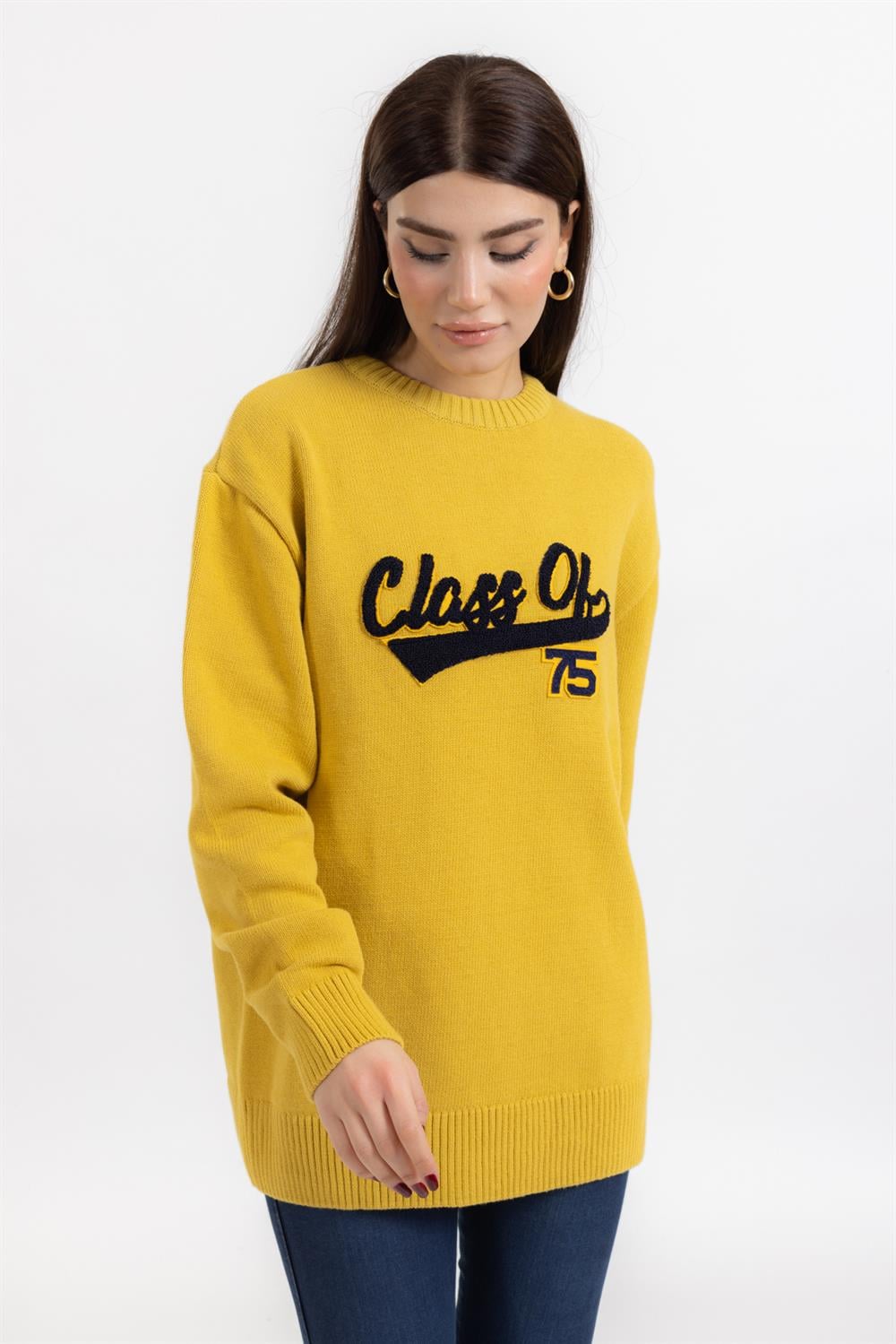 Unisex O Yaka Classı Of Yazılı U.Kol Kazak SARI