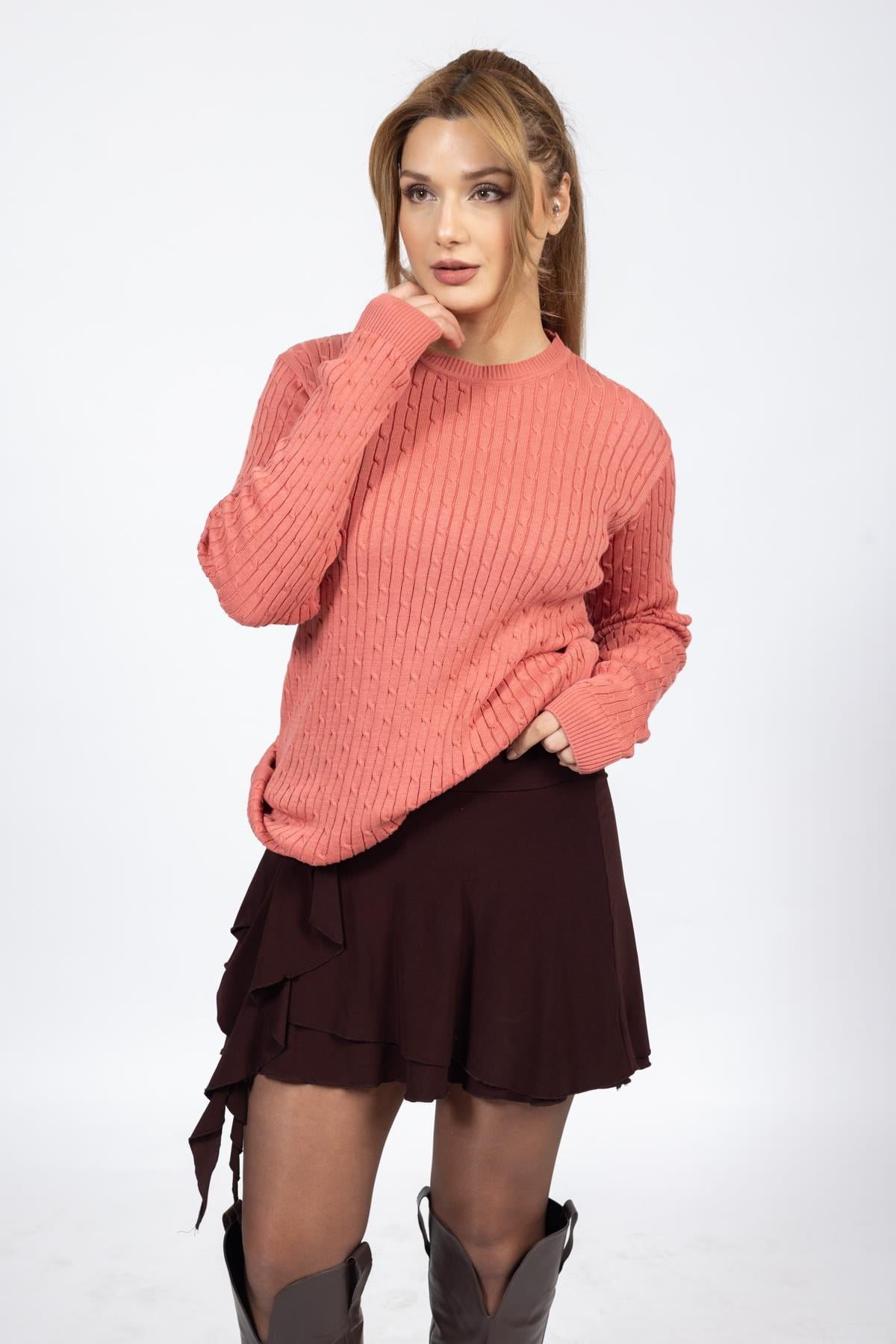 Vs Bayan 0 Yaka Saç Örgü U.Kol Kazak Trk SOMON