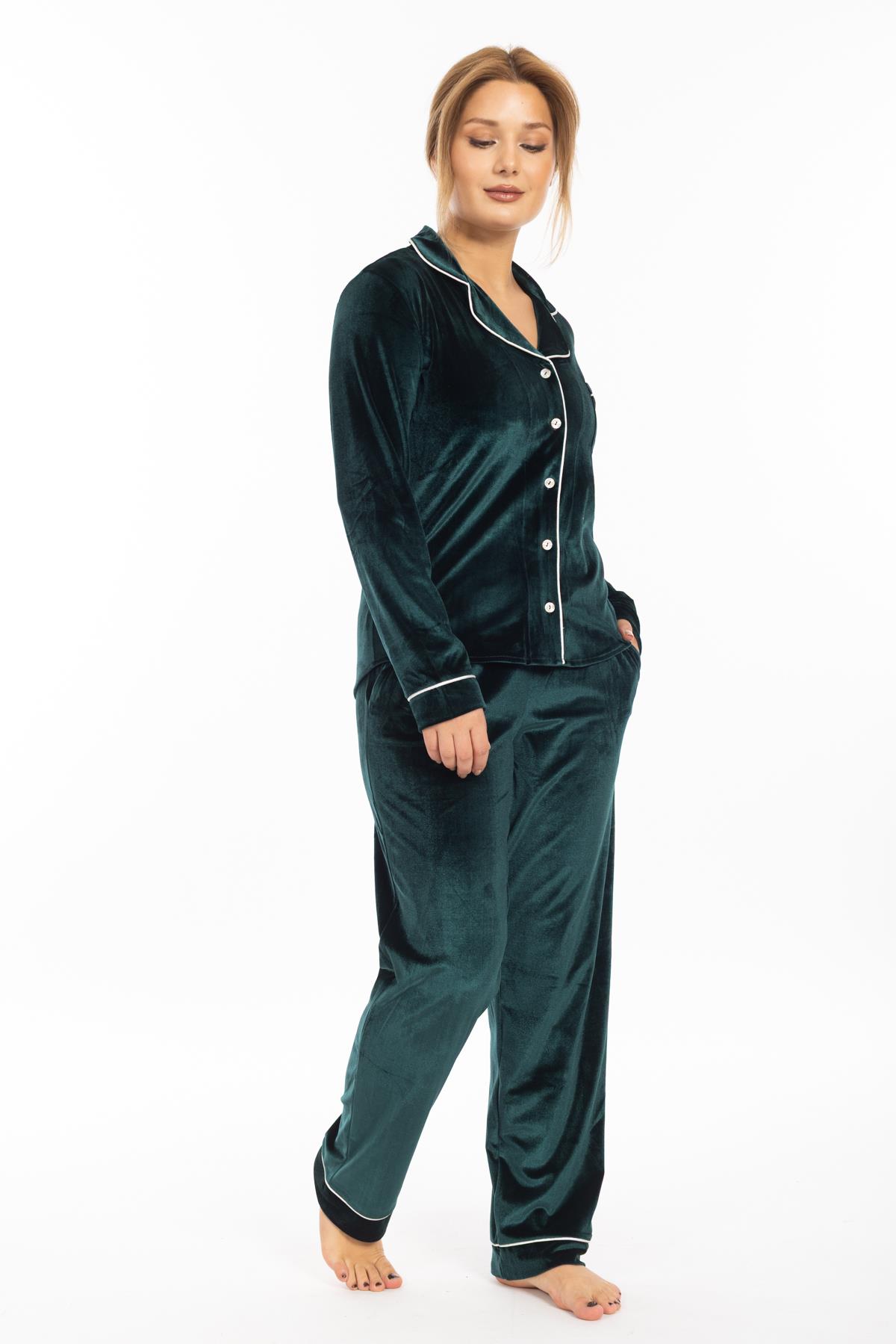 Vs Bayan Desenli Kadife U.Kol Pijama Takım 22k Evm YEŞİL