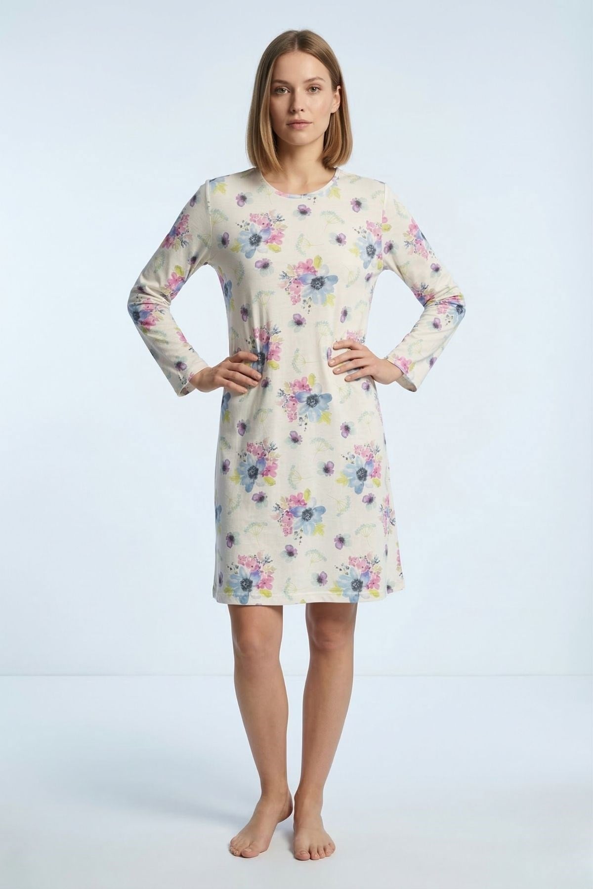 Vs Bayan Desenli O Yaka Penye U.kol Gecelik 26k Evm KREM/DESENLİ