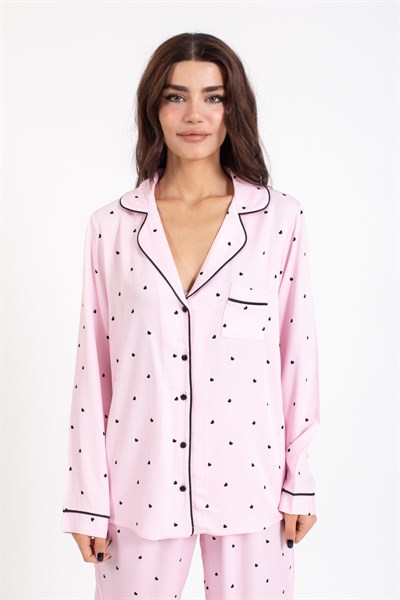 Vs Bayan Desenli Pamuk Saten U.Kol Pijama Takım pembe/siyah kalpli