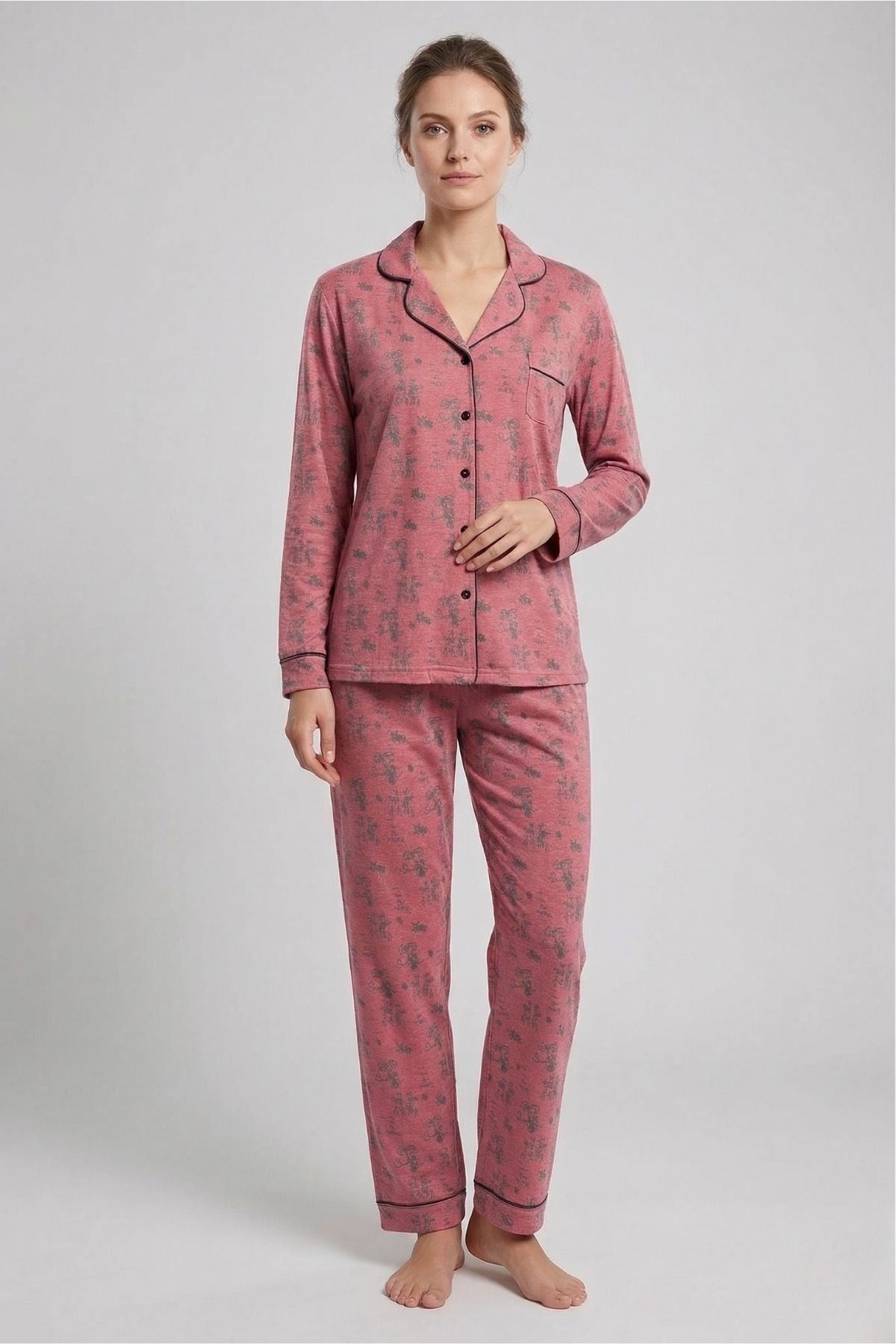 Vs Bayan Desenli Penye U.Kol Pijama Takım Evm Gül Kurusu Geyik Desenli