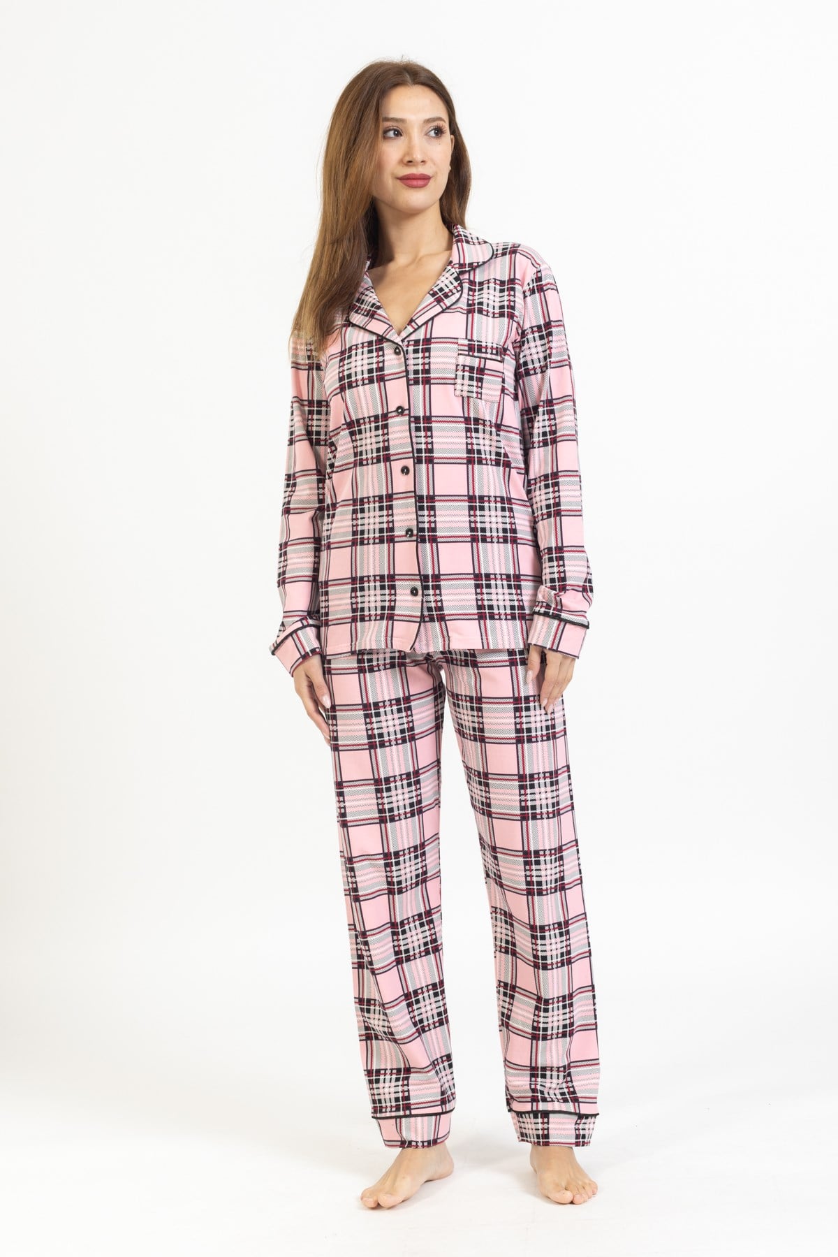 Vs Bayan Desenli Penye U.Kol Pijama Takım Evm pembe/beyaz ekose