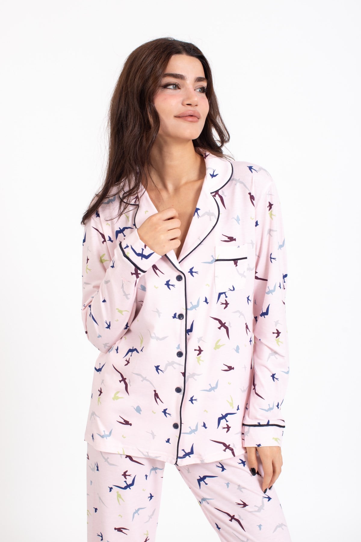 Vs Bayan Desenli Penye U.Kol Pijama Takım Evm pembe/kuş desenli