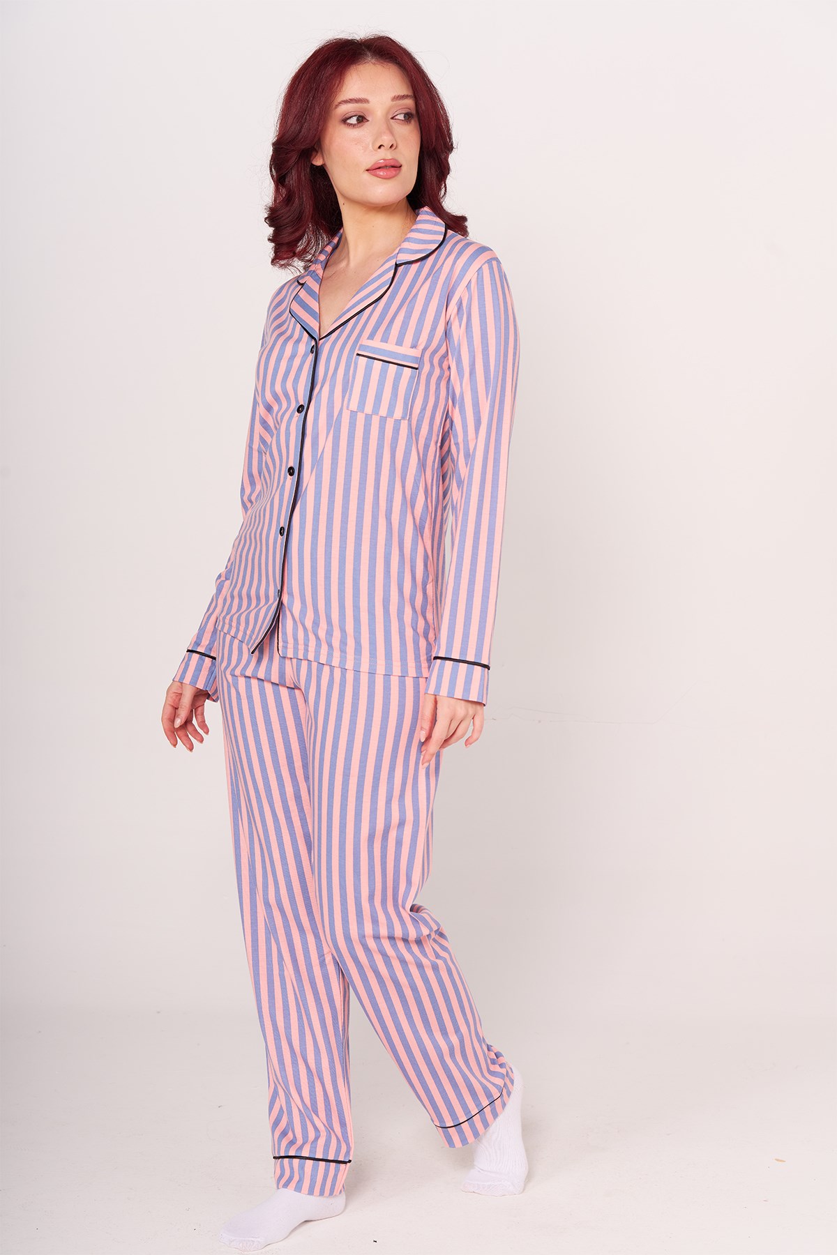 Vs Bayan Desenli Penye U.Kol Pijama Takım Evm Pudra Mavi çizgili