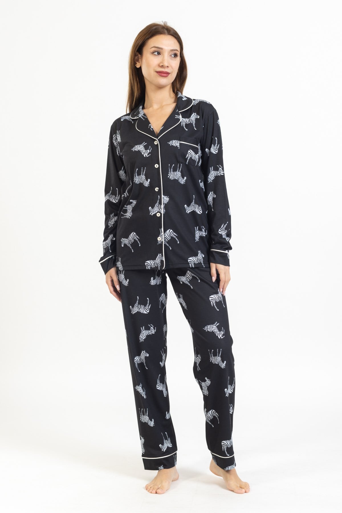 Vs Bayan Desenli Penye U.Kol Pijama Takım Evm Siyah Zebra