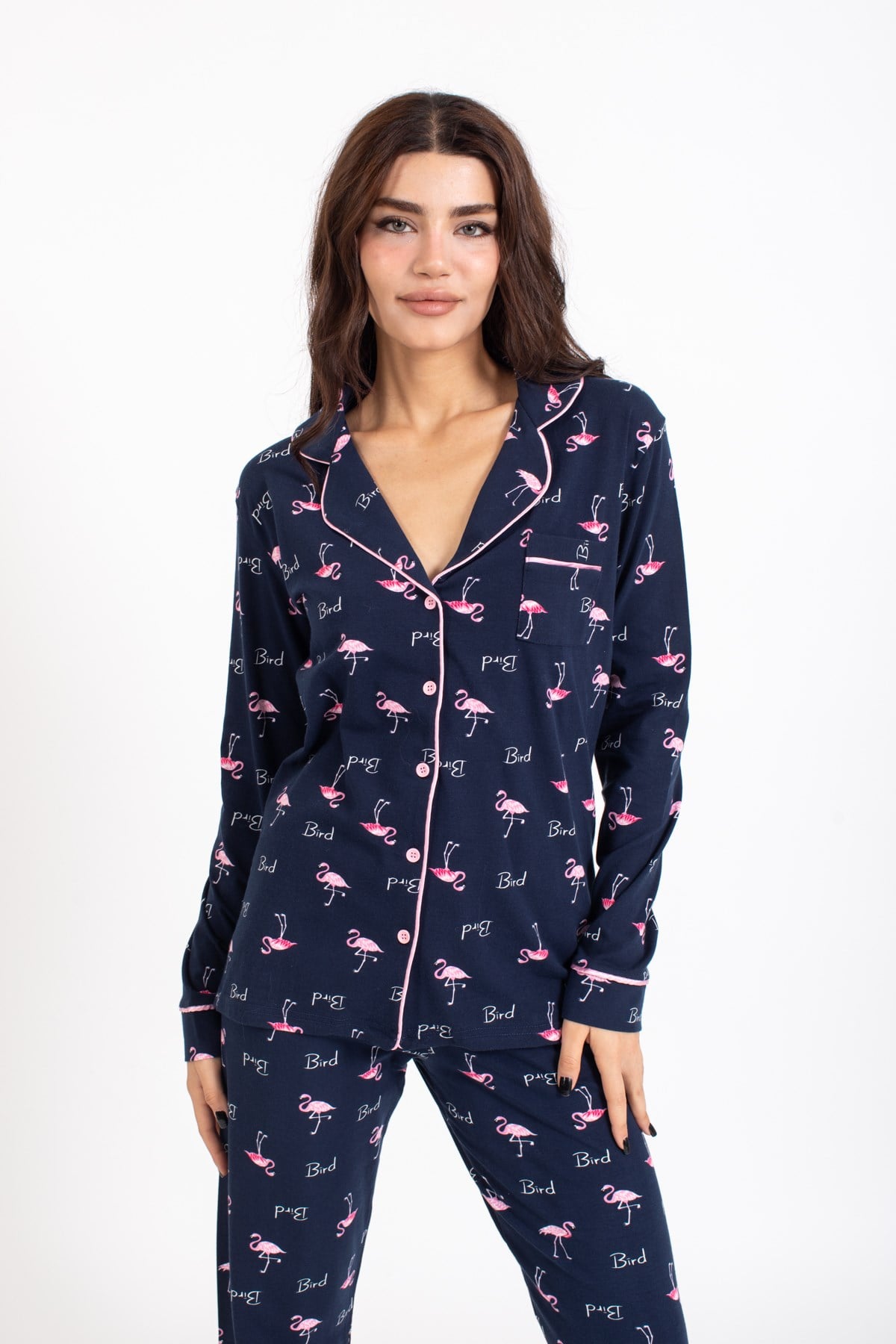 Vs Bayan Desenli Penye U.Kol Pijama Takım Evm lacivert/flamingo desenli