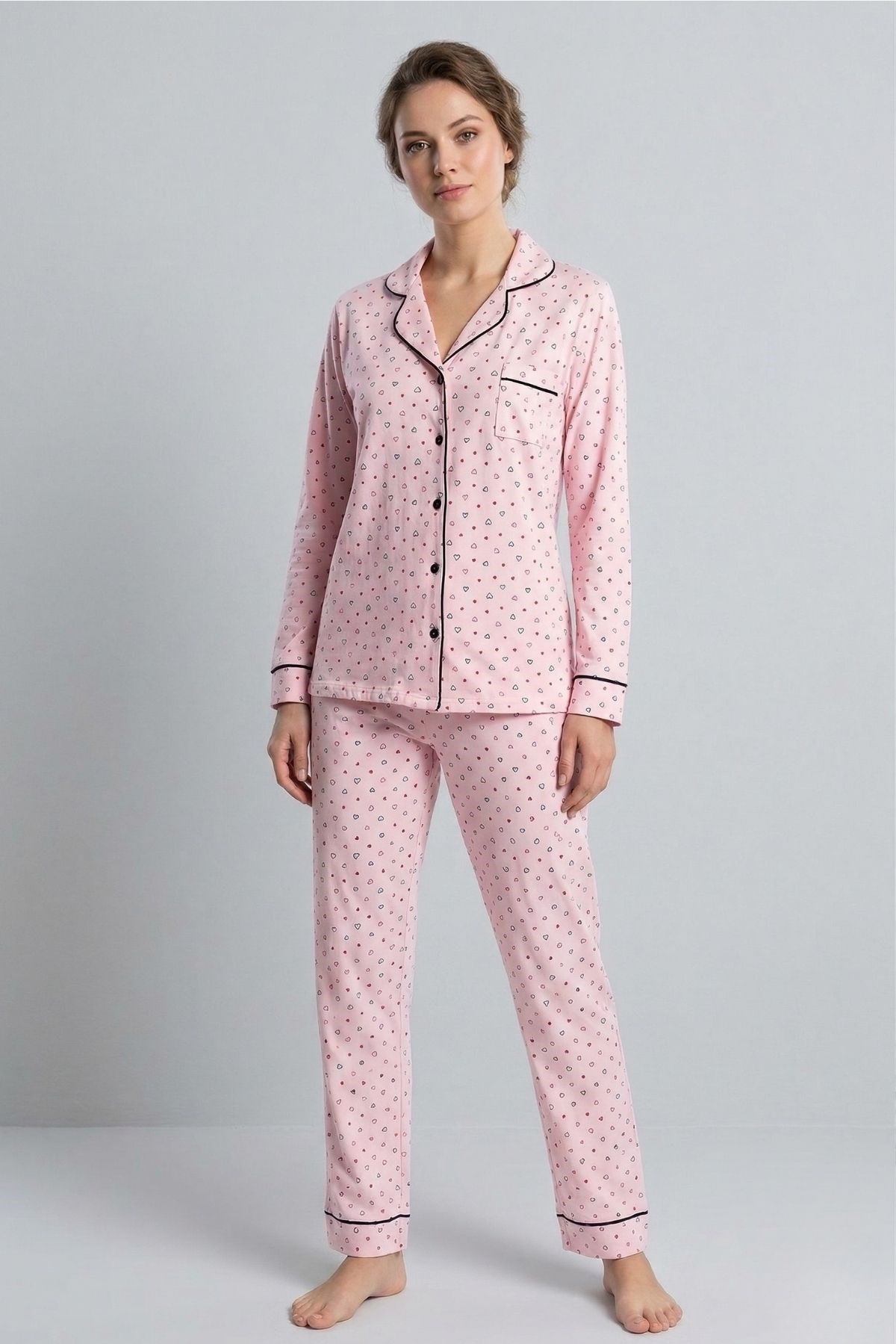 Vs Bayan Desenli Penye U.Kol Pijama Takım Evm Pembe/kalp desenli