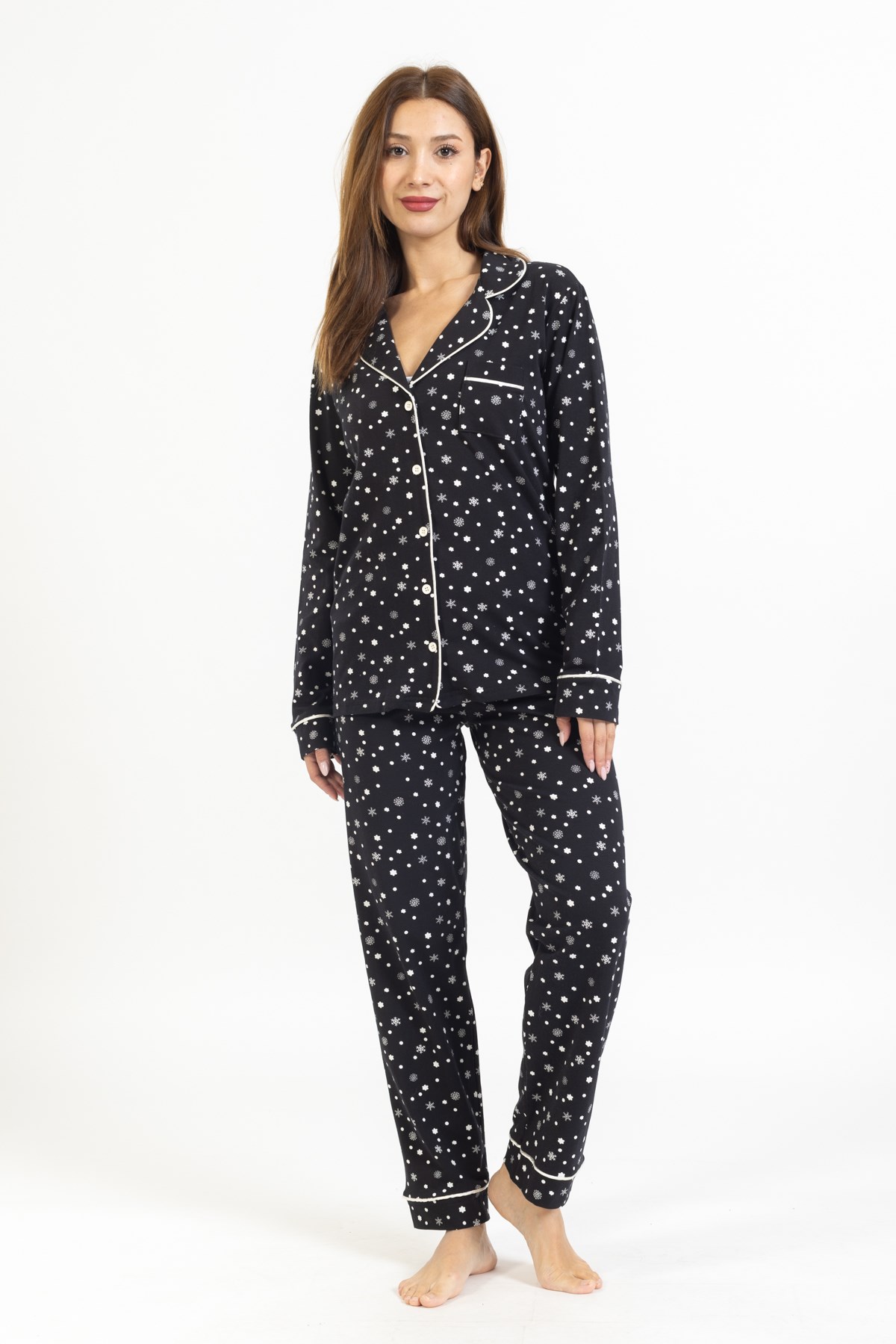 Vs Bayan Desenli Penye U.Kol Pijama Takım Evm siyah/kar desenli