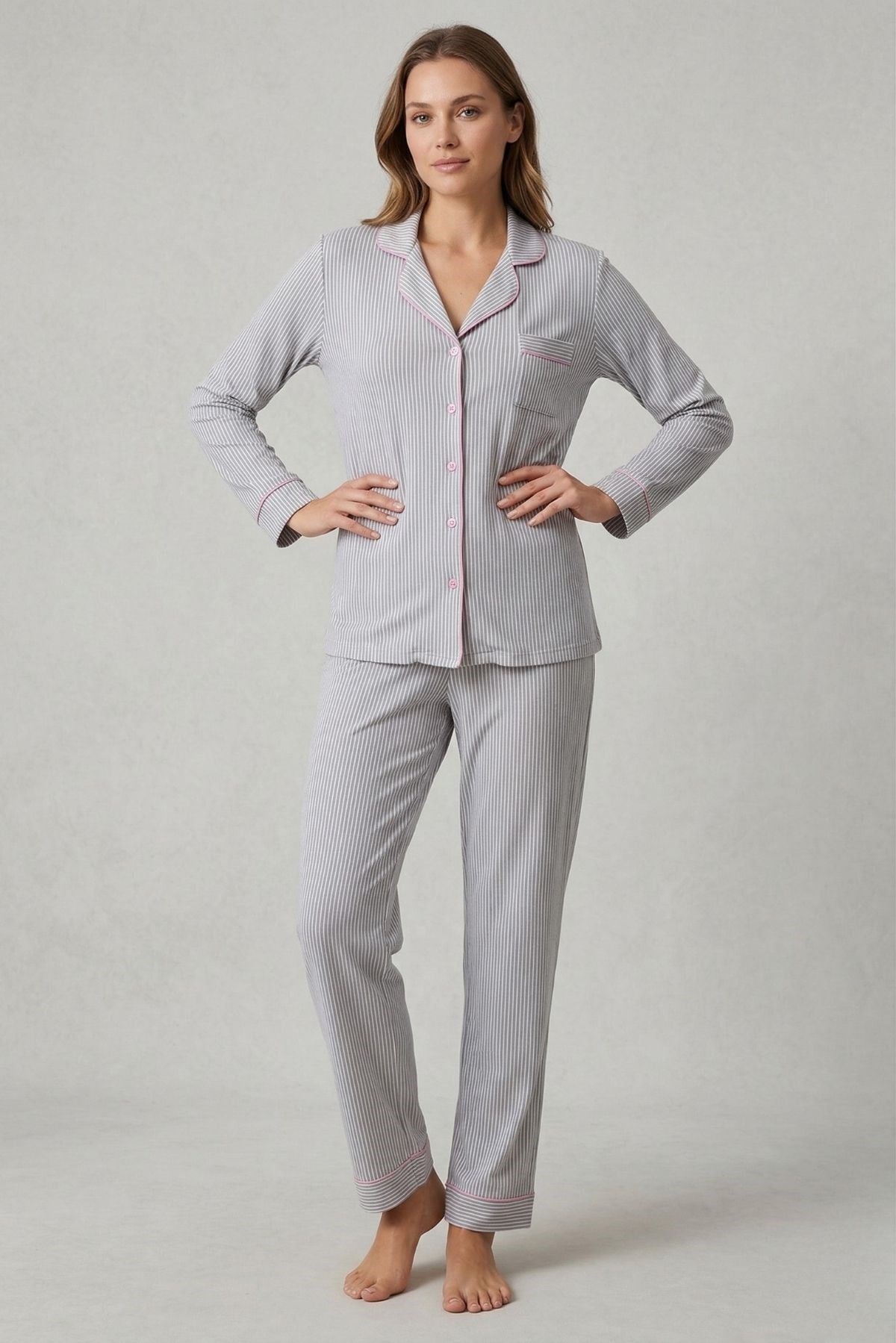 Vs Bayan Desenli Penye U.Kol Pijama Takım Evm Füme Beyaz Çizgili