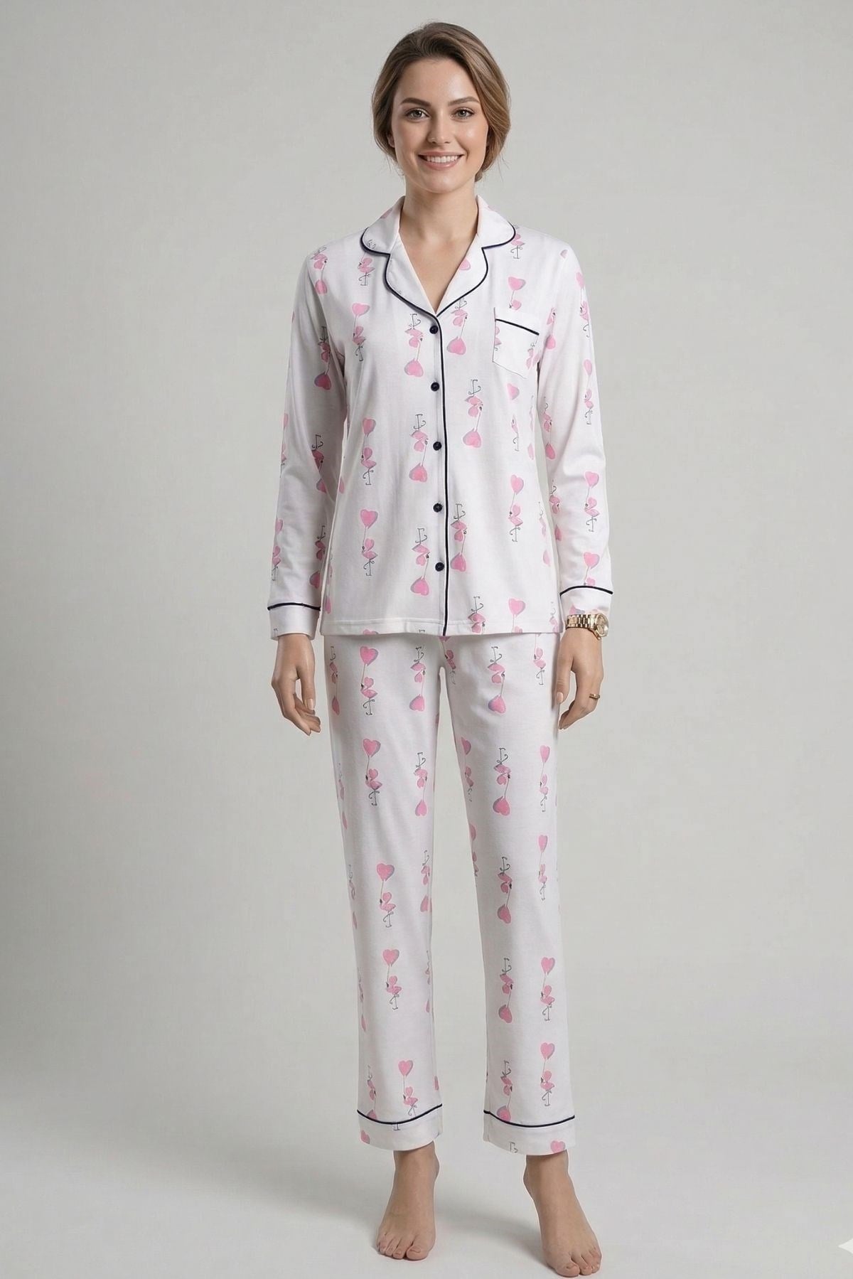 Vs Bayan Desenli Penye U.Kol Pijama Takım Evm Beyaz Civciv Desenli
