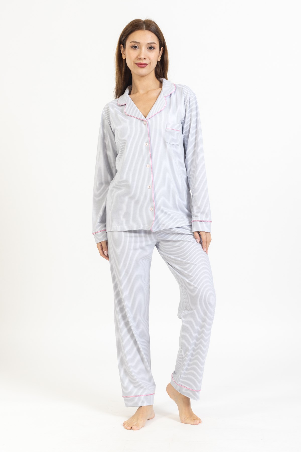 Vs Bayan Desenli Penye U.Kol Pijama Takım Evm mavi beyaz çizgili