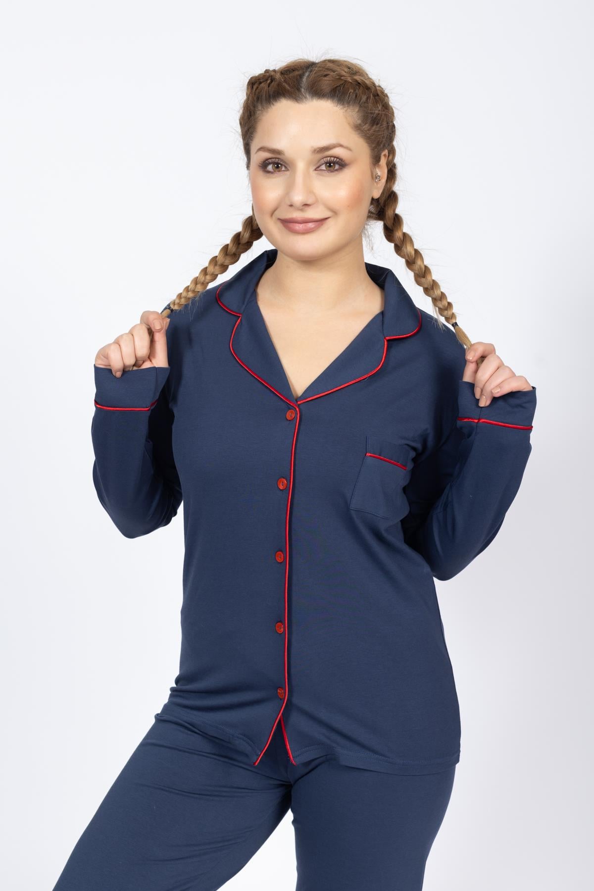 Vs Bayan Düz Penye U.Kol Pijama Takım LACİVERT