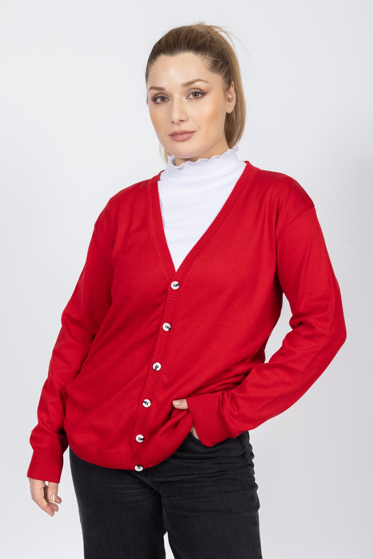 Vs Bayan V Yaka Dügmeli Düz U.Kol Hırka Trk KIRMIZI