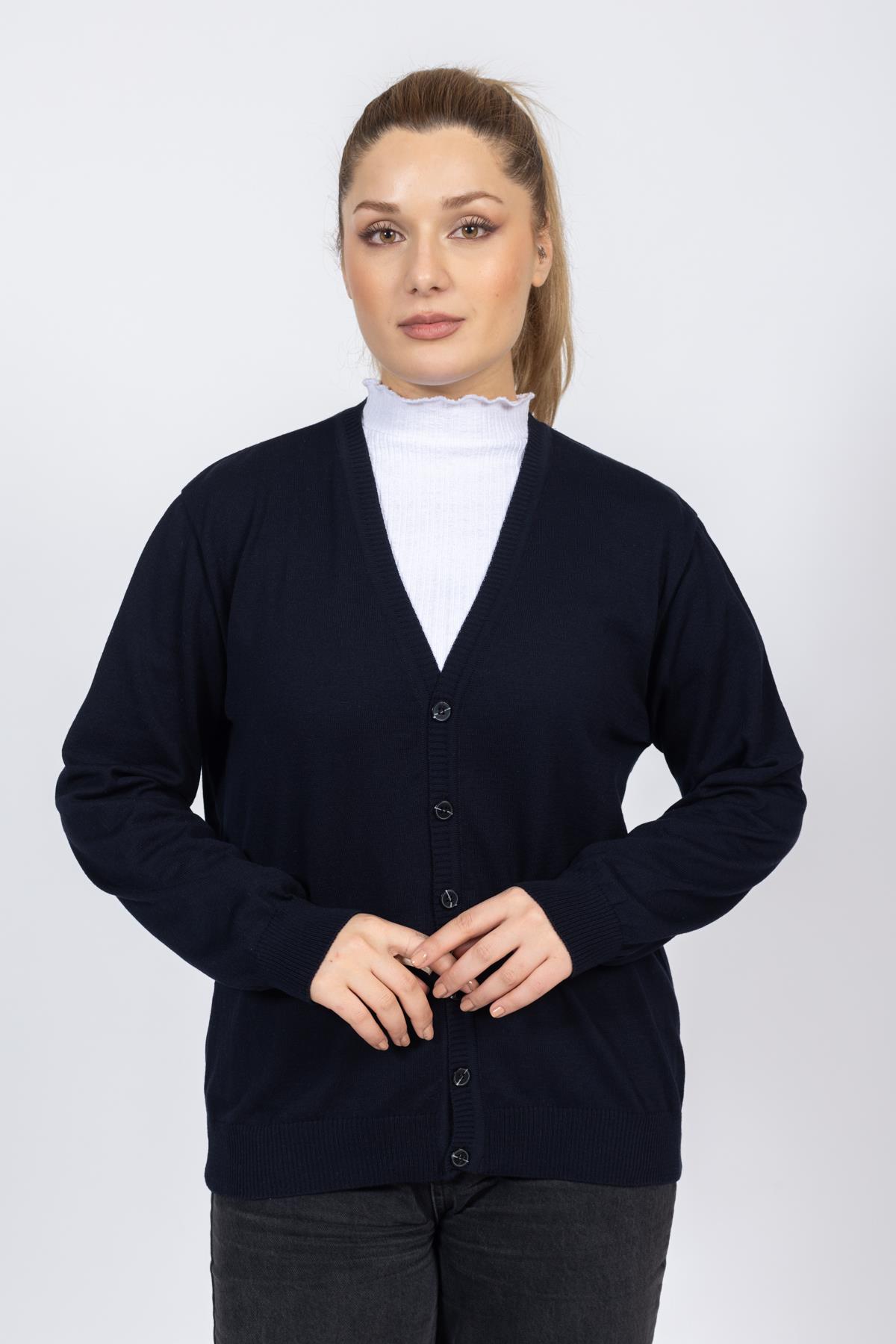 Vs Bayan V Yaka Dügmeli Düz U.Kol Hırka Trk Lacivert 2