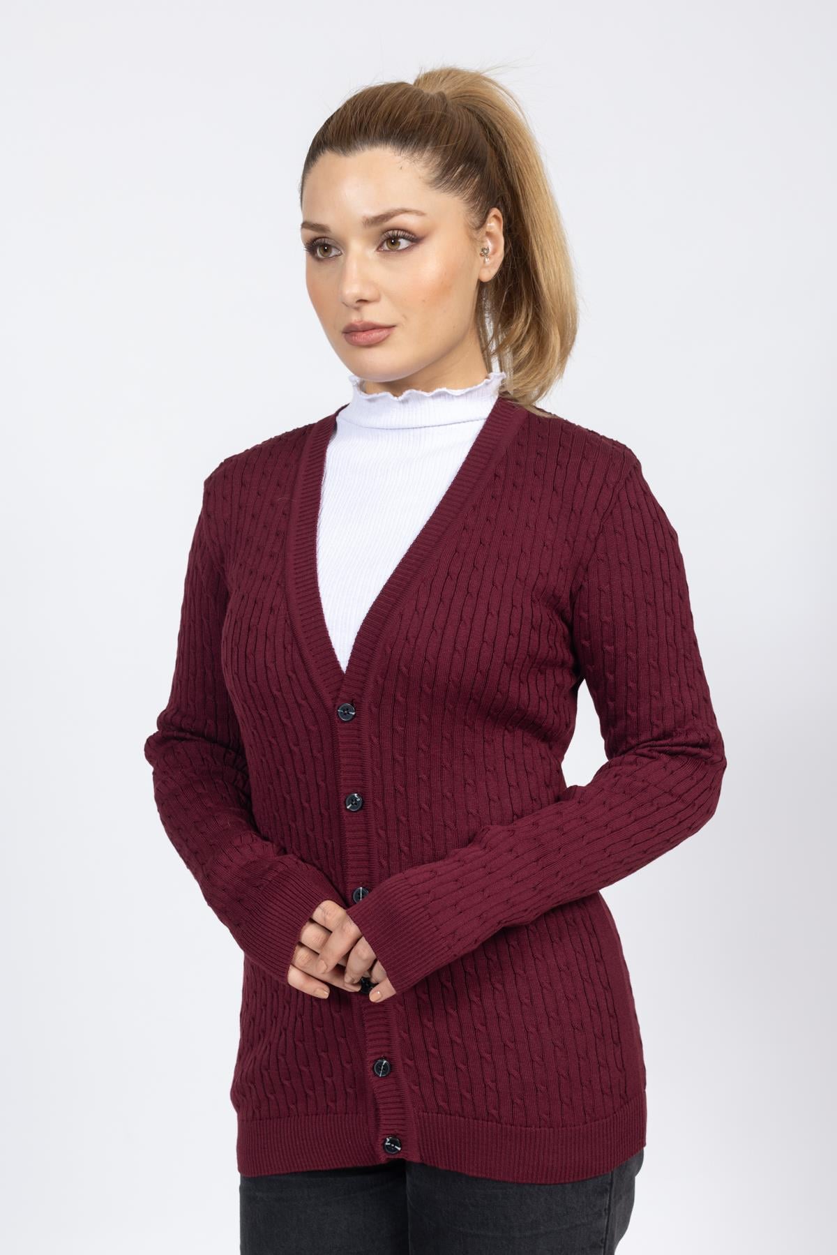 Vs Bayan V Yaka Dügmeli Saç Örgü U.Kol Hırka Trk BORDO