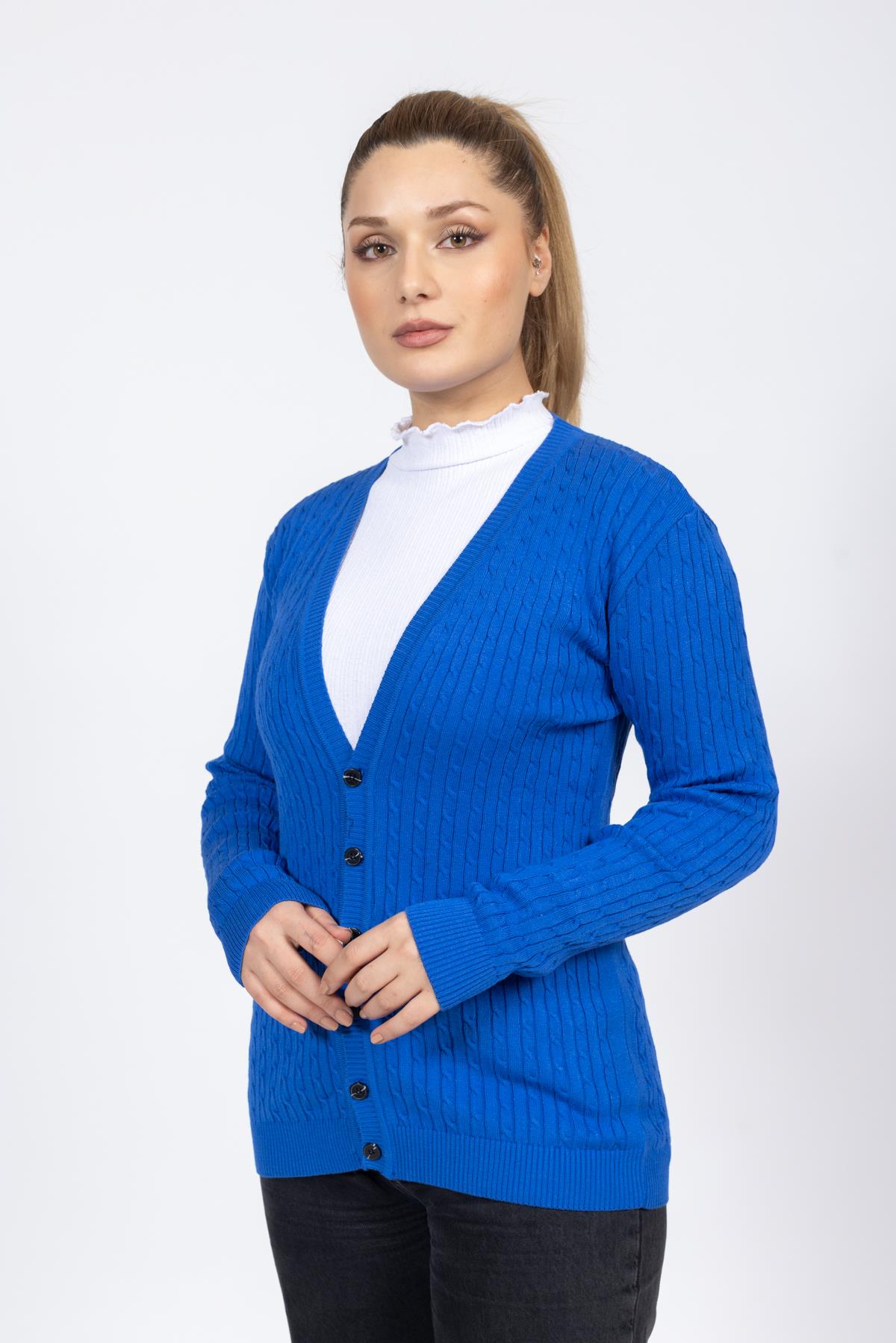 Vs Bayan V Yaka Dügmeli Saç Örgü U.Kol Hırka Trk MAVİ