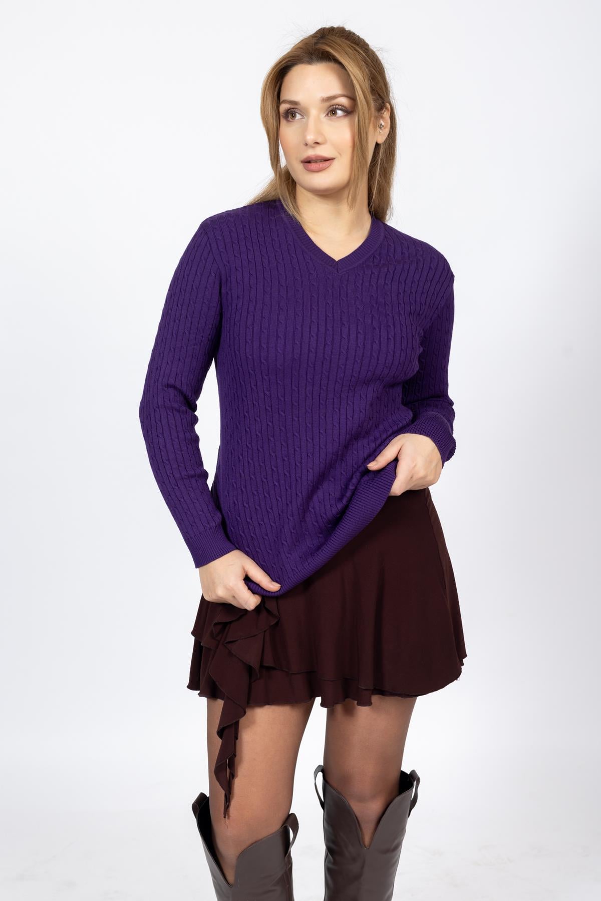 Vs Bayan V Yaka Saç Örgü U.Kol Kazak Trk MOR