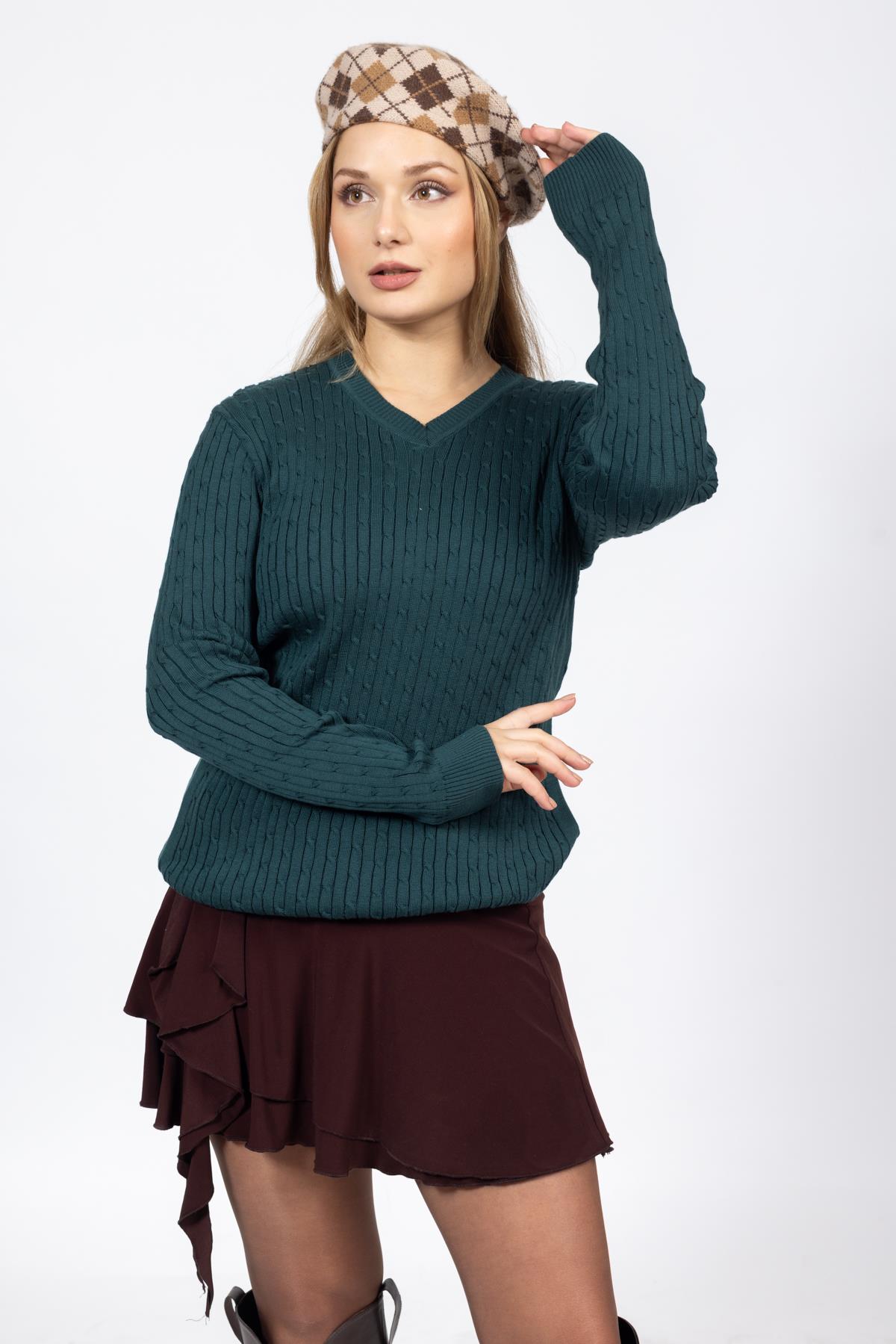 Vs Bayan V Yaka Saç Örgü U.Kol Kazak Trk PETROL YEŞİLİ