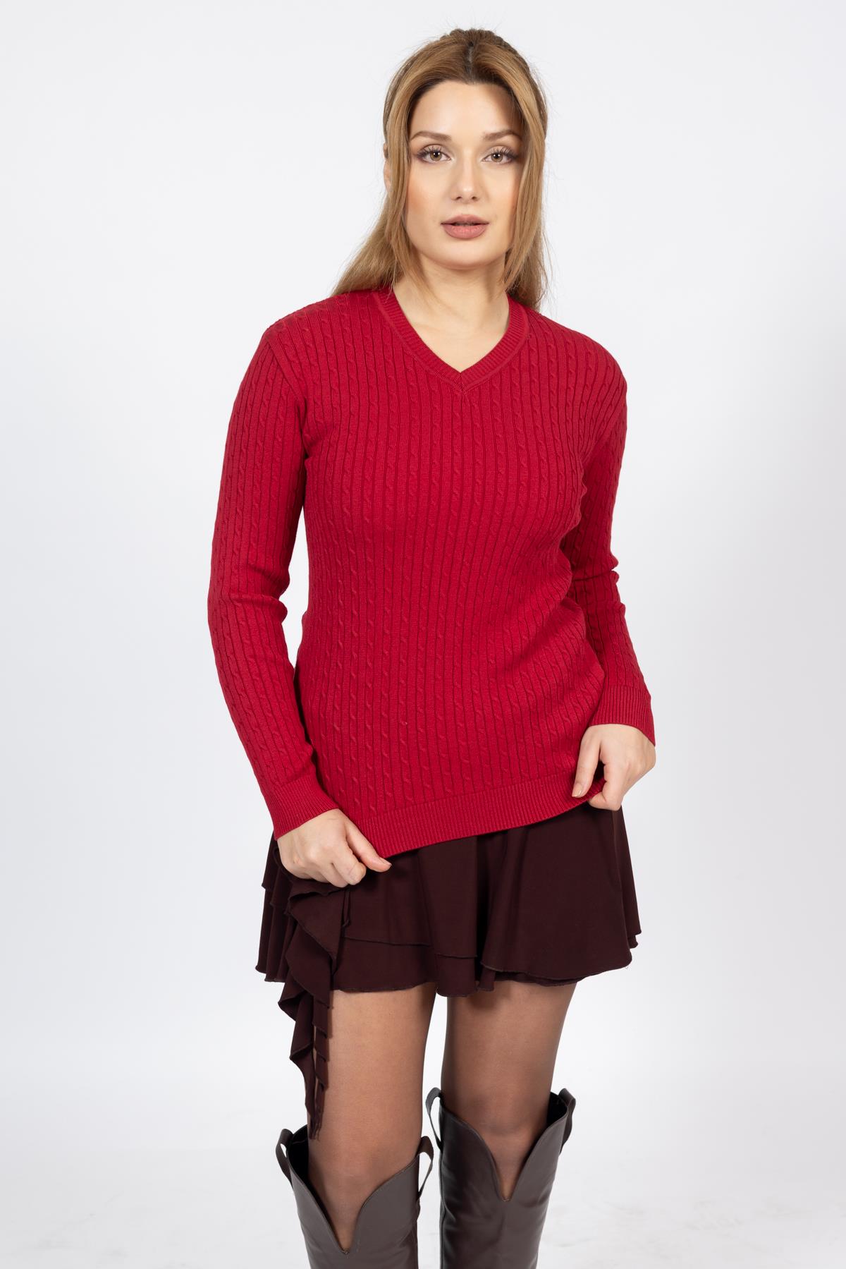 Vs Bayan V Yaka Saç Örgü U.Kol Kazak Trk BORDO