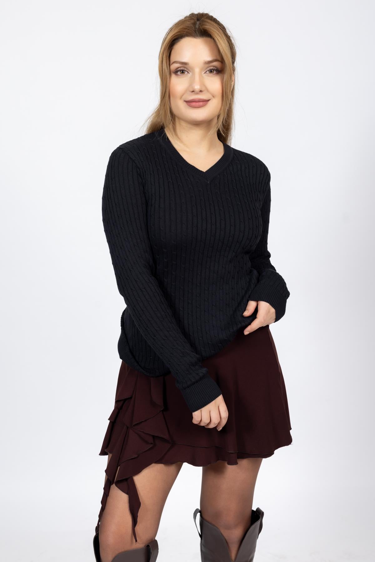 Vs Bayan V Yaka Saç Örgü U.Kol Kazak Trk SİYAH