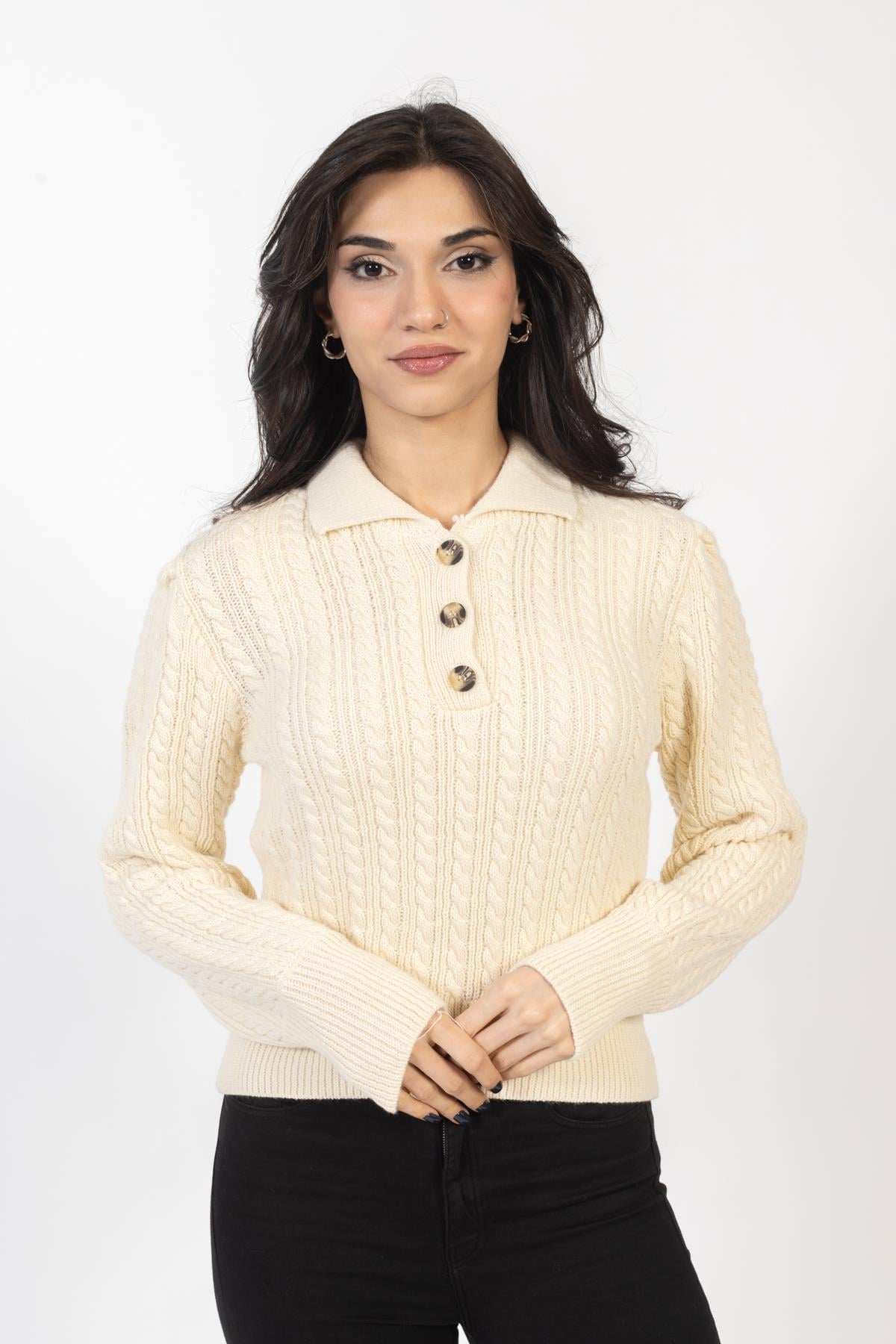 Vs Kadın Polo Yaka Triko Kazak 22 302 Emy 23k BEJ