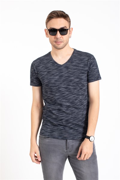 Vs V Yaka Basıc K Kol Tshırt LACİVERT/ÇİZGİLİ