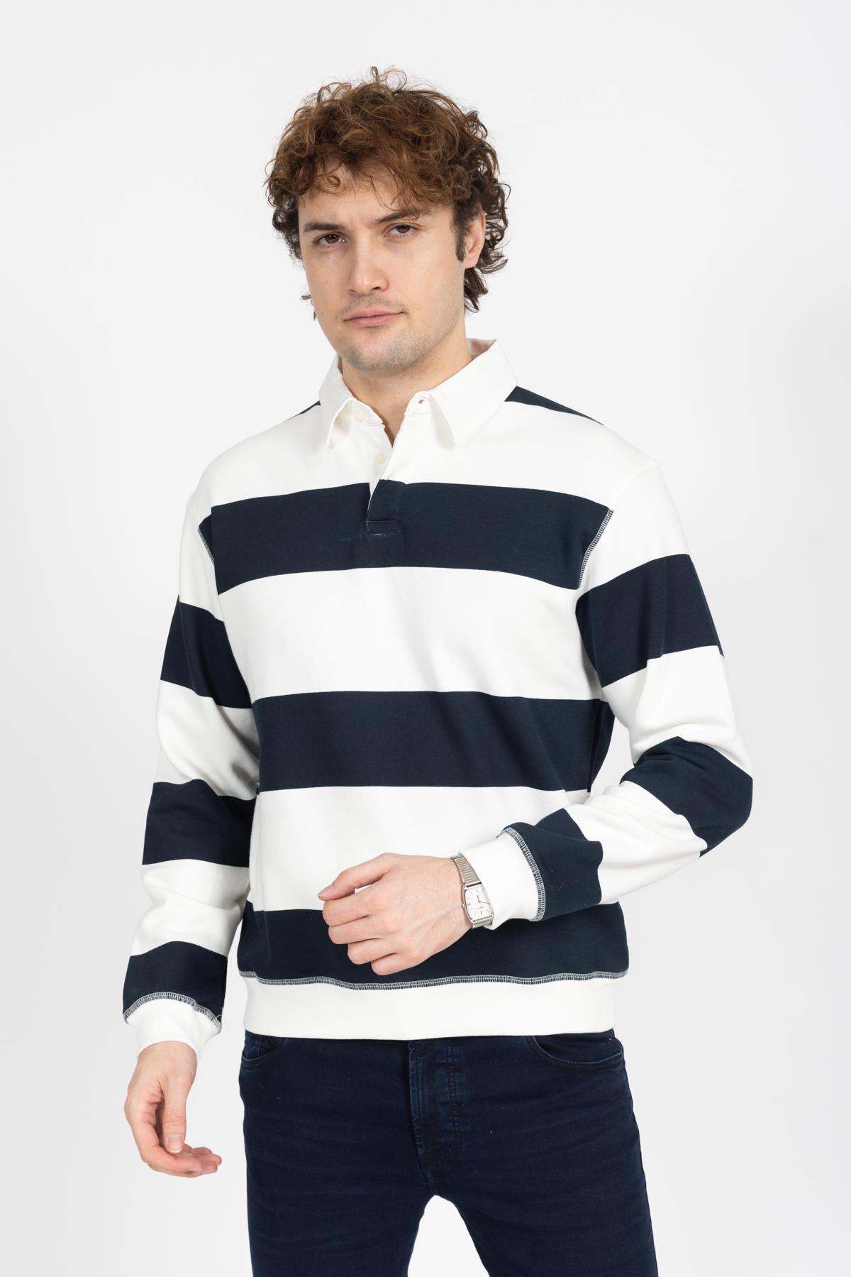 Zra Unisex Polo Yaka U.Kol Sweat 24k Ae Beyaz Lacivert Çizgili