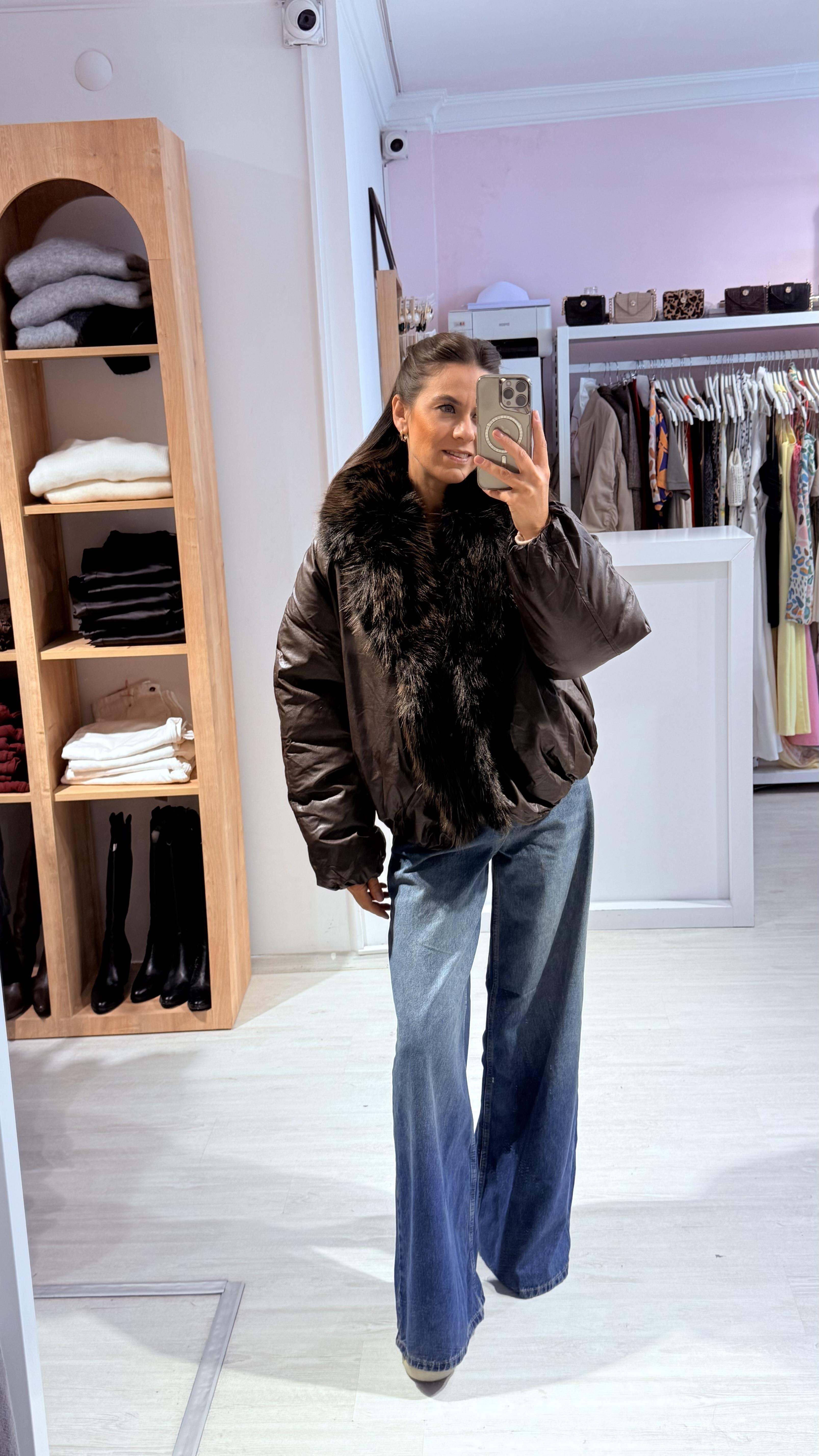 Acı Kahve Kürklü Şişme Deri Mont