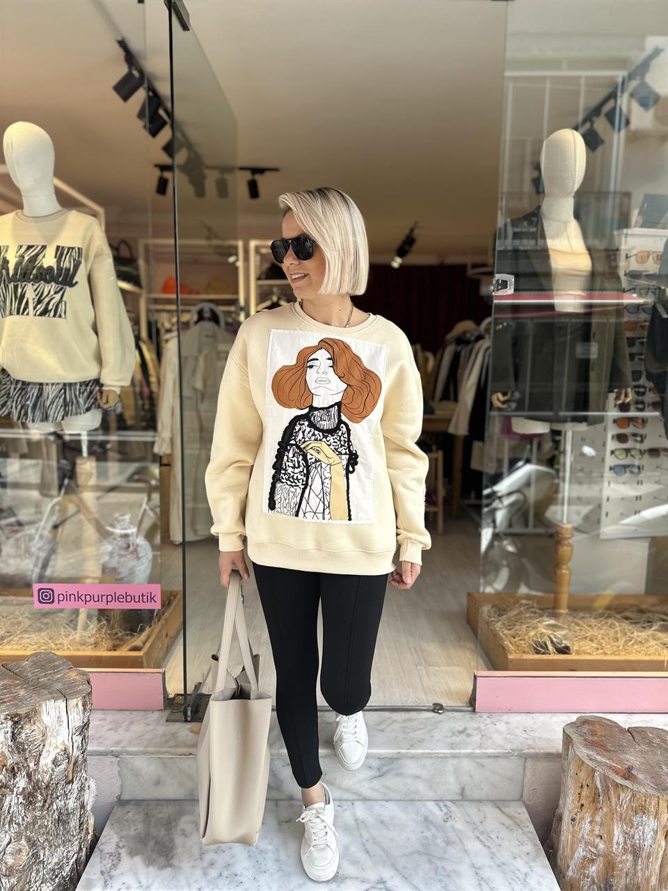 Bej Kızlı Sweatshirt