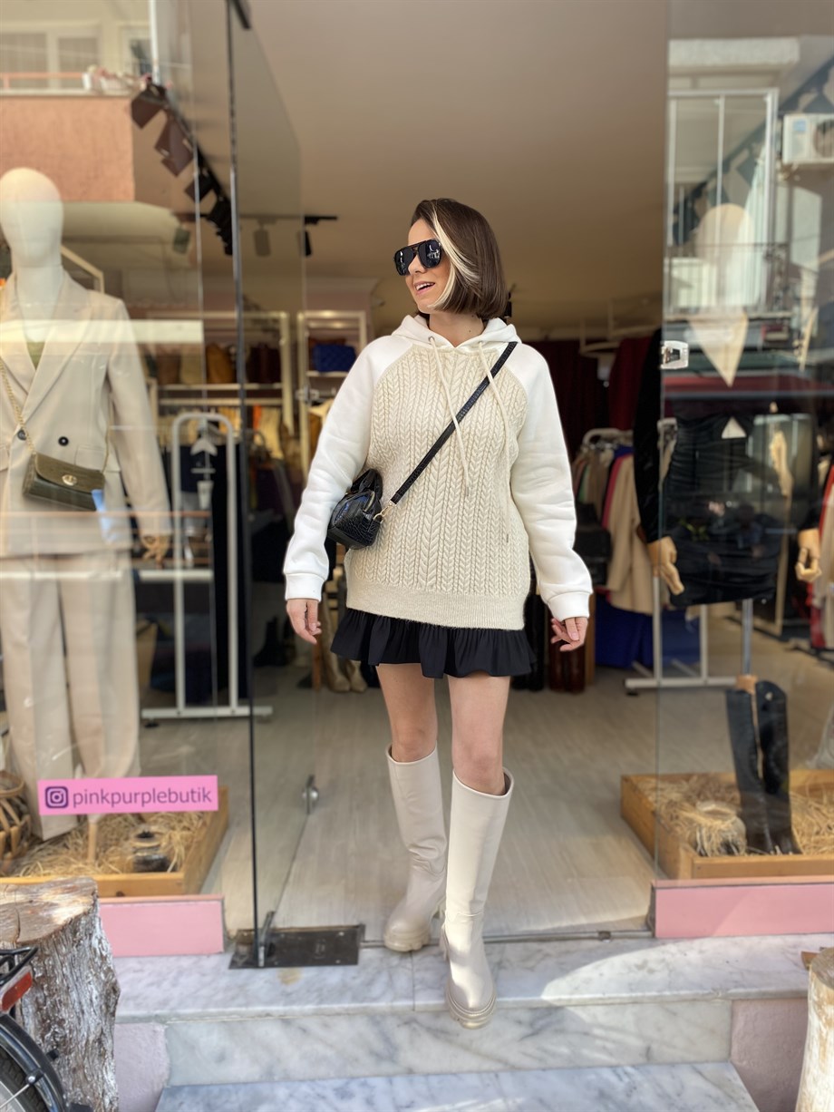 Bej Örgülü Triko Sweatshirt