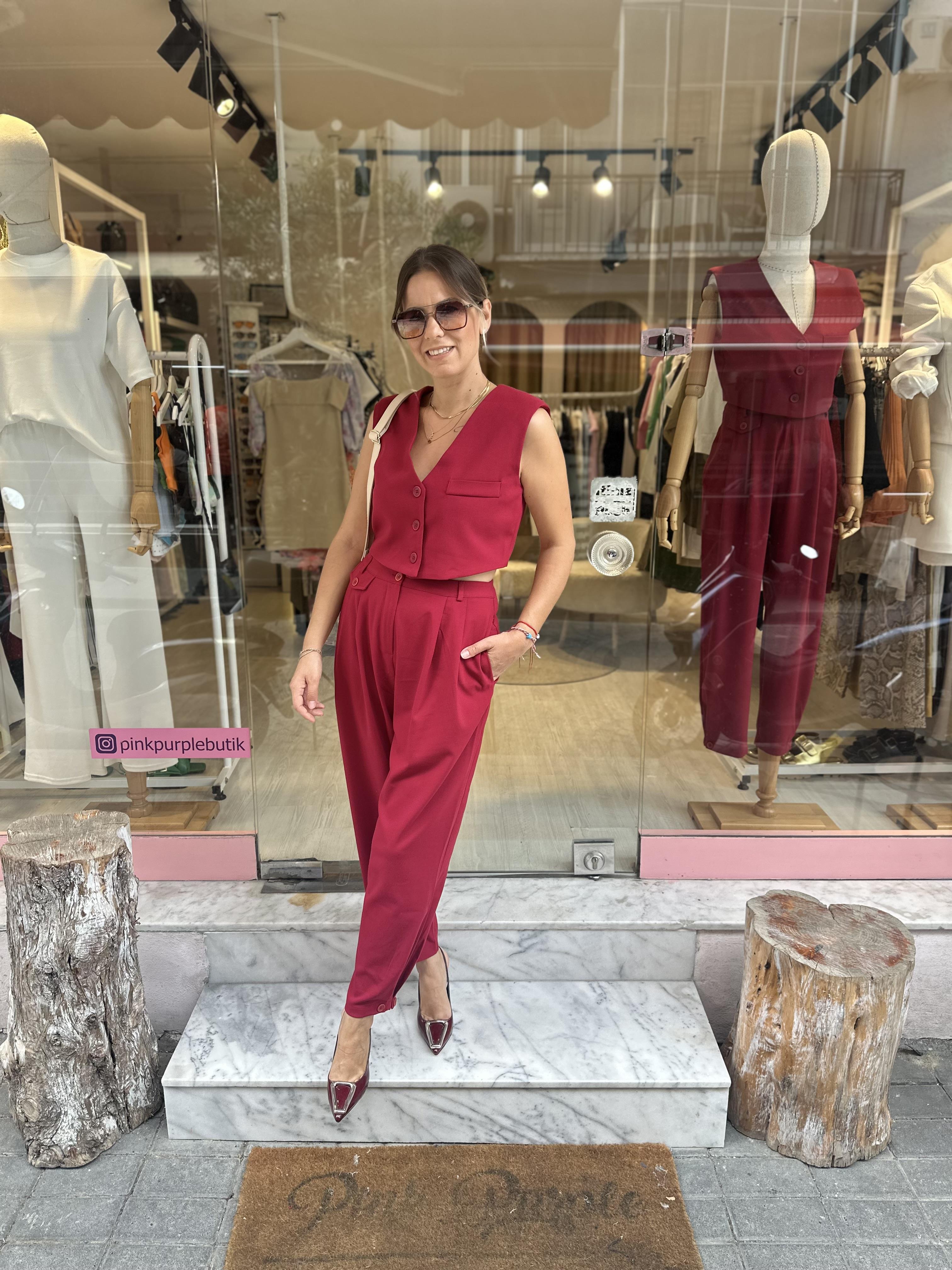 Bordo Crop Yelek Takım