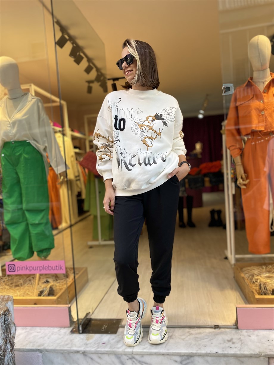 Desenli Ekru Sweatshirt